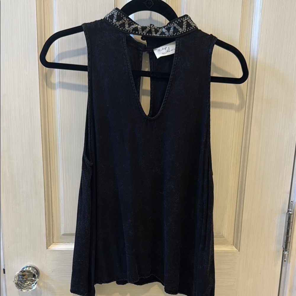 Vintage Havana Black Beaded Collar Cut Out Tank Top